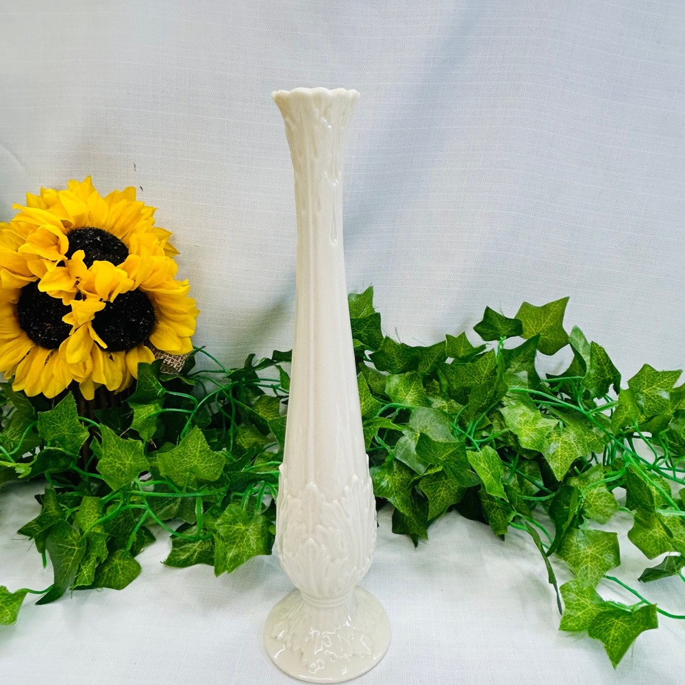 VIntage Lenox Florentine Bud Vase 11" Ivory Leaf Floral Embossed China USA Made